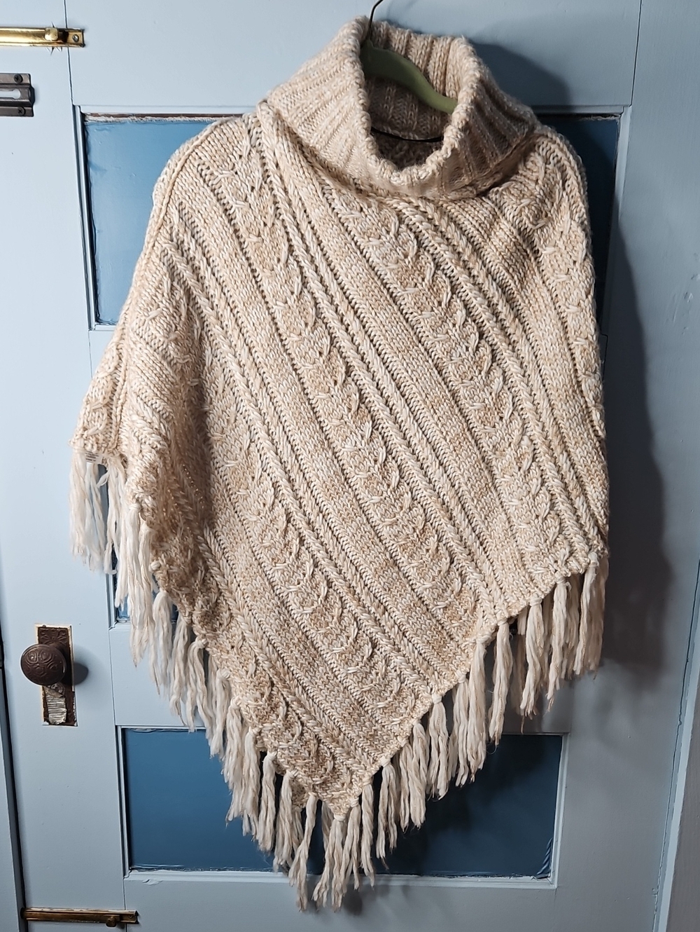 Cream Cable-Knit Fringe Poncho One Size Fits Most